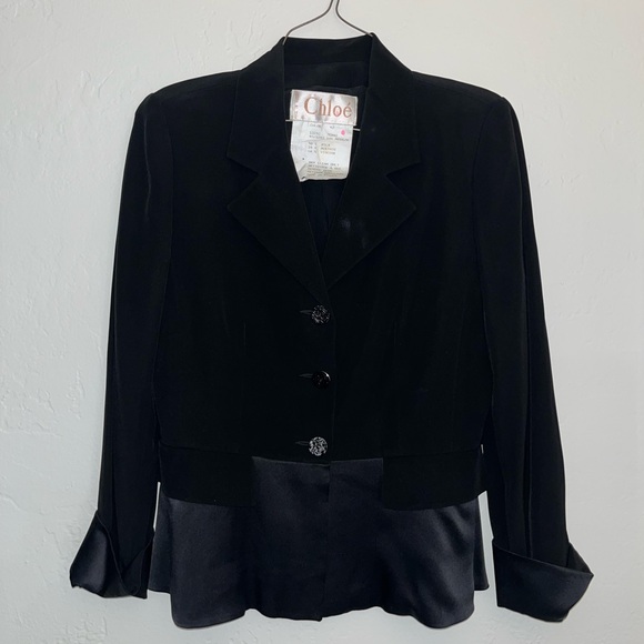 Chloe Jackets & Blazers - Vintage 1990's Collection Chloe Black Silk Ruffle Hem Blazer Jacket SZ 42